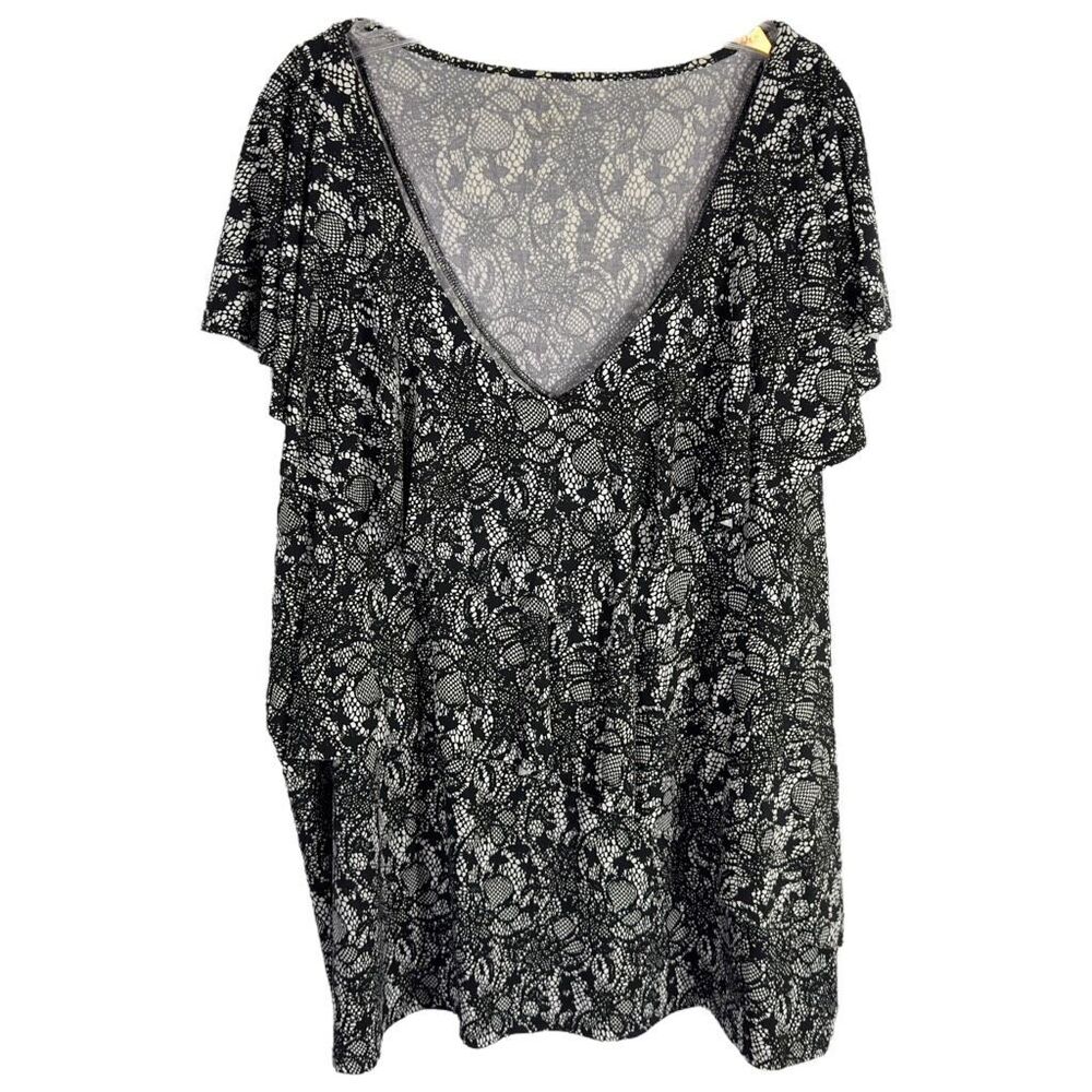 Cato Plus Size 26 28 Top Black Ruffled‎ Flutter Sleeve Faux Lace Print Knit 632